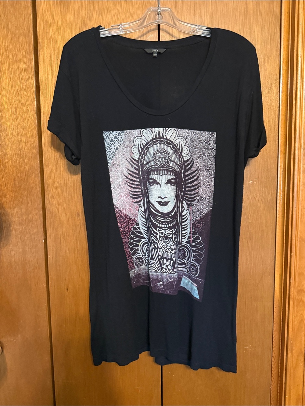 Obey Peace Goddess Black Short Sleeve Graphic Scoop Neck Tee